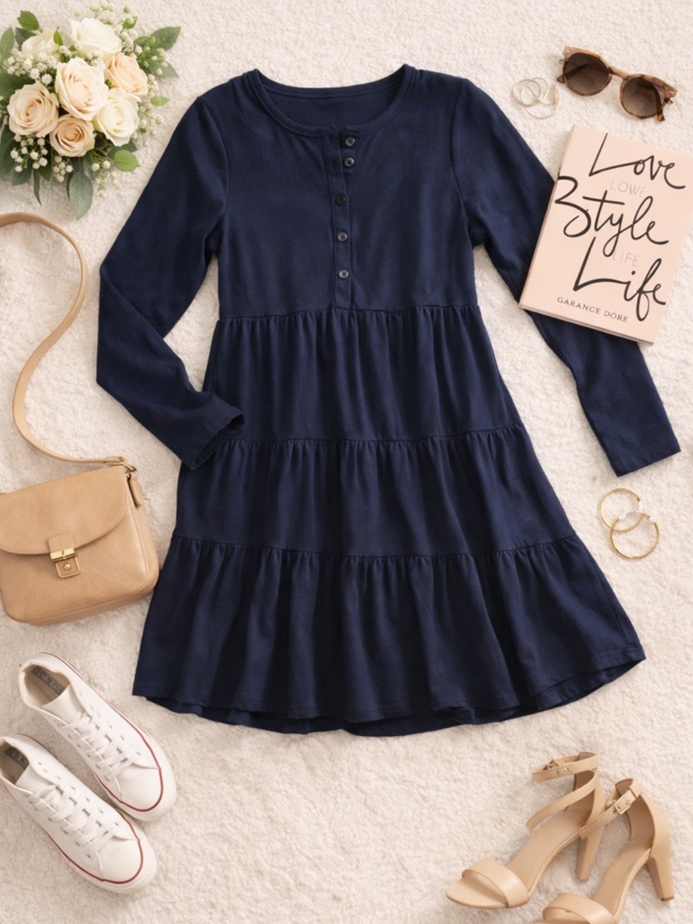 Harper Heritage Tiered Long sleeve Babydoll Dress. Medium Navy Blue New with tag